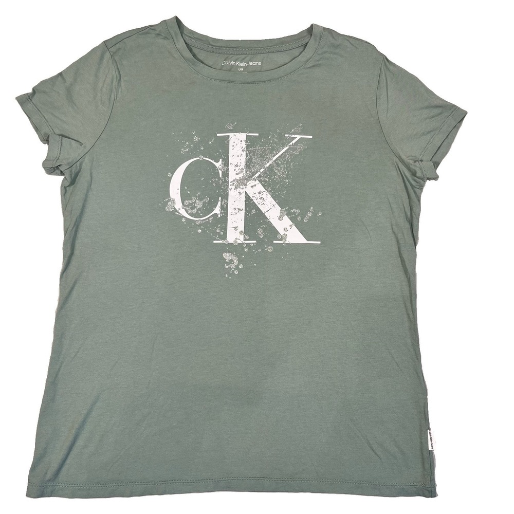 Calvin Klein Jeans Women's L Green CK Logo Graphic Tee Short Sleeve Cotton Modal